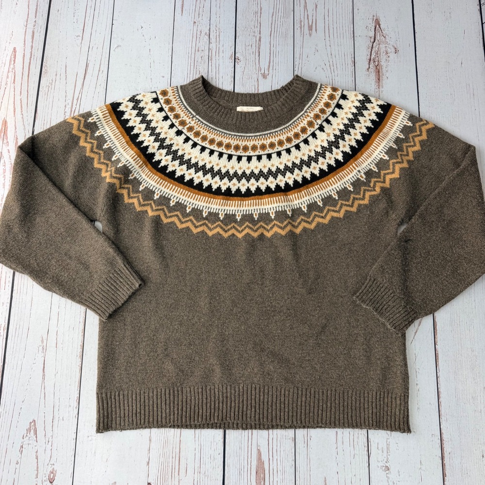 Weatherproof Vintage Brown Fair Isle Yoke Knit Crewneck Sweater Womens Medium